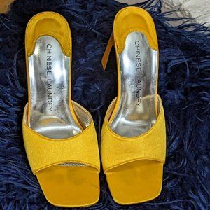 HELLO SUNSHINE! YELLOW SATIN SLIP ON HEELS